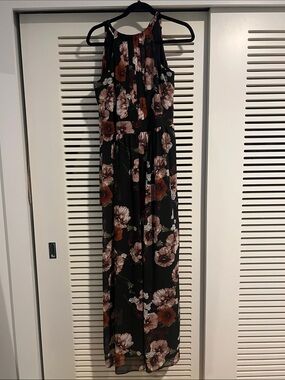 INC International Concepts Black Maxi Dress with Brown & Cream Floral Print